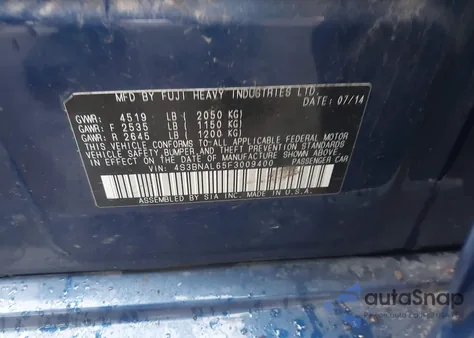 2015 Subaru Legacy 2.5I Limited from USA, damaged, VIN 4S3BNAL65F3009400